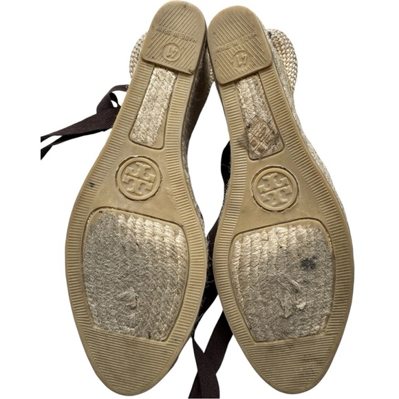 TORY BURCH Espadrille Wedges Coconut Clubhouse | Brown Tan Ankle Tie Sandal 10.5 - Picture 8 of 8